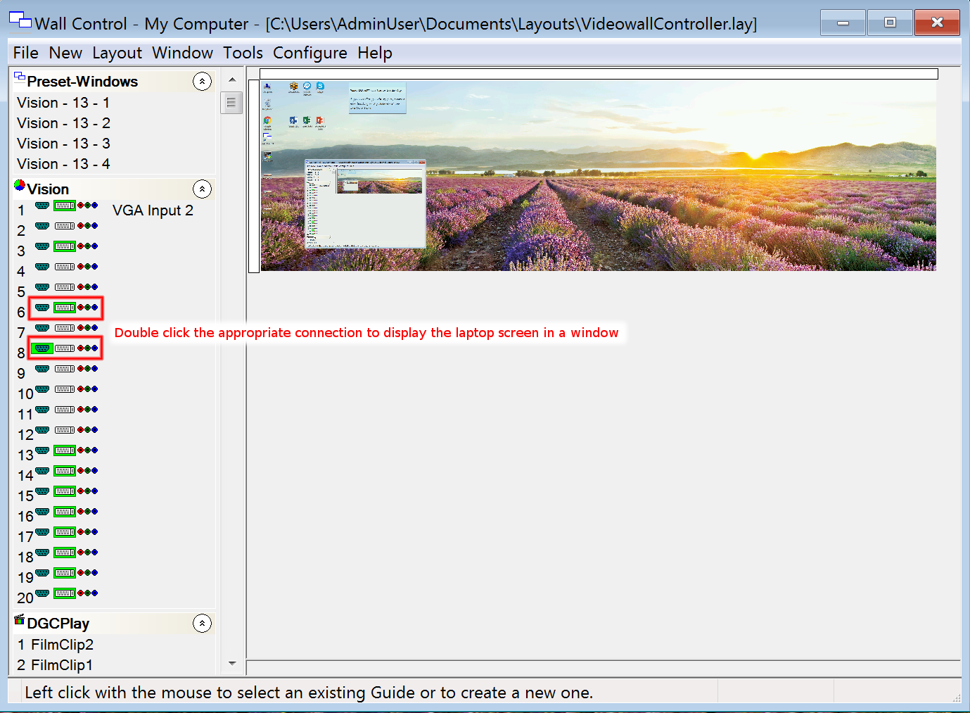 Selecting an external laptop in the wall control software